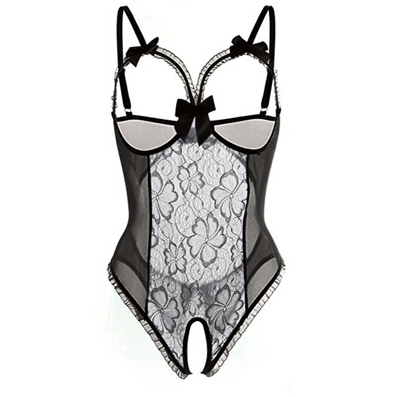 Women Porn Underwear Lace Hollow Open Bra Set Plus Size Sexy Costumes Deep V Neck Teddy Bodysuits Erotic Crotchless Lingerie Set