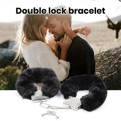 1 Pair Double Lock Manacle Faux Fur Bracelet Stainless Wrist Ankle O Ring Hand Cuffs Adult Couple Sex Toy Cops Criminal Cosplay