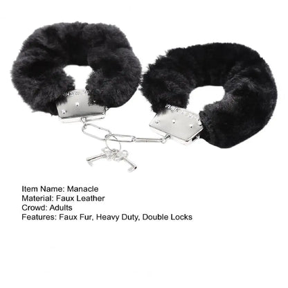 1 Pair Double Lock Manacle Faux Fur Bracelet Stainless Wrist Ankle O Ring Hand Cuffs Adult Couple Sex Toy Cops Criminal Cosplay