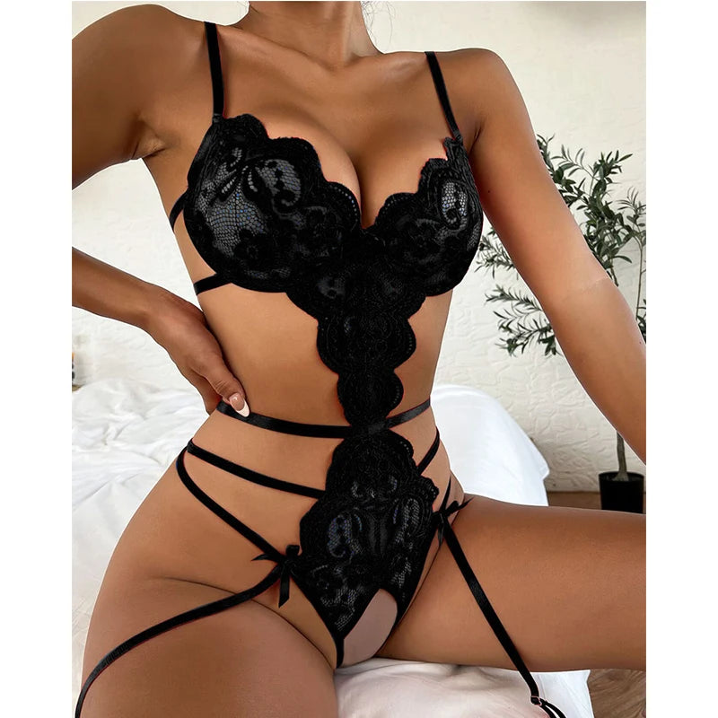 Open Bra Backless G-string One Piece Sexy Bras Set Sexy Crotchless Bra Set Lingerie Women Lace Hollow Bra Deep V Underwea