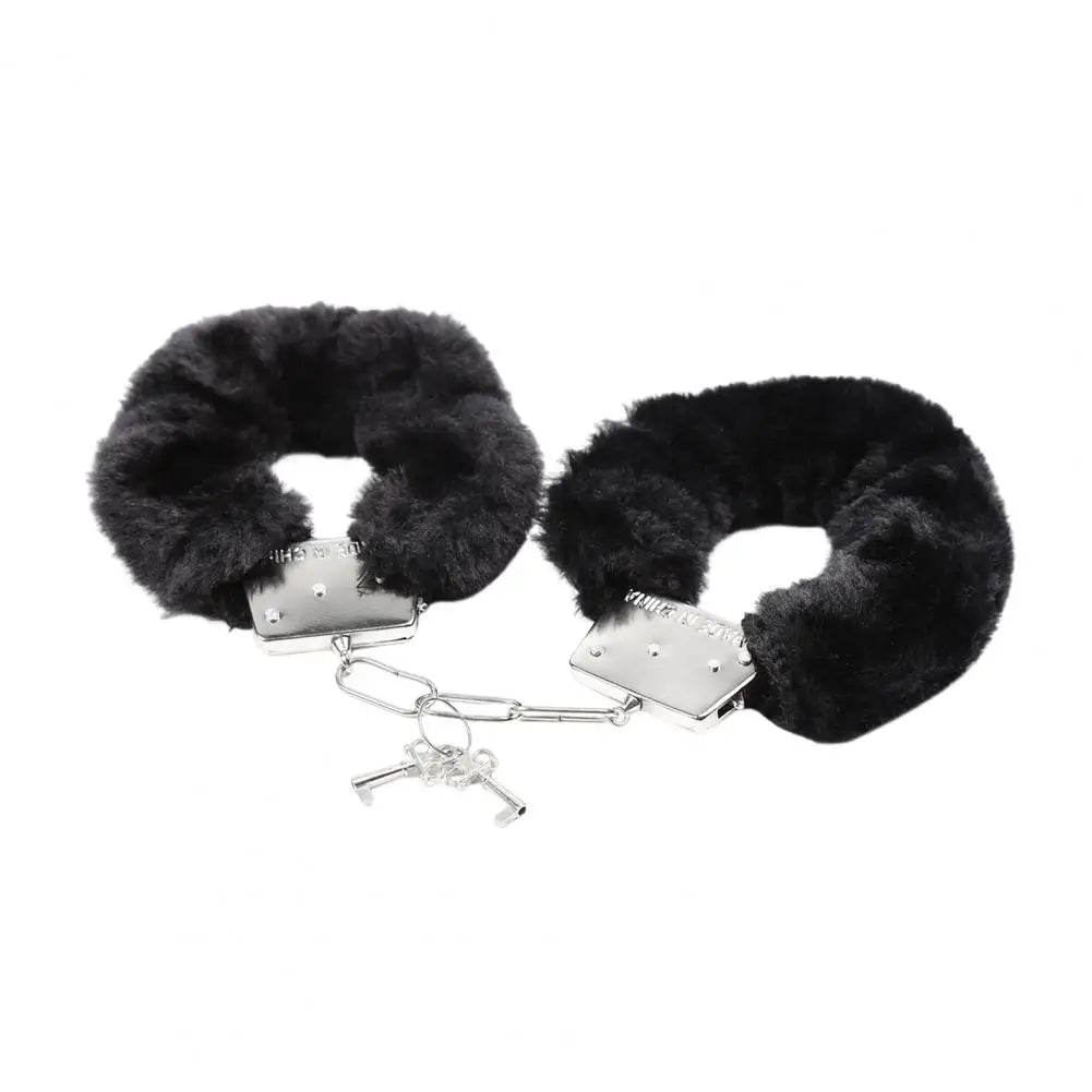 1 Pair Double Lock Manacle Faux Fur Bracelet Stainless Wrist Ankle O Ring Hand Cuffs Adult Couple Sex Toy Cops Criminal Cosplay