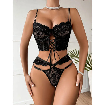 Porno Lace Sexy Lingerie Set Erotic Hot Underwear Women Bra and Panty Thong Transparent Lace Black Open Intimates Lenceria Set