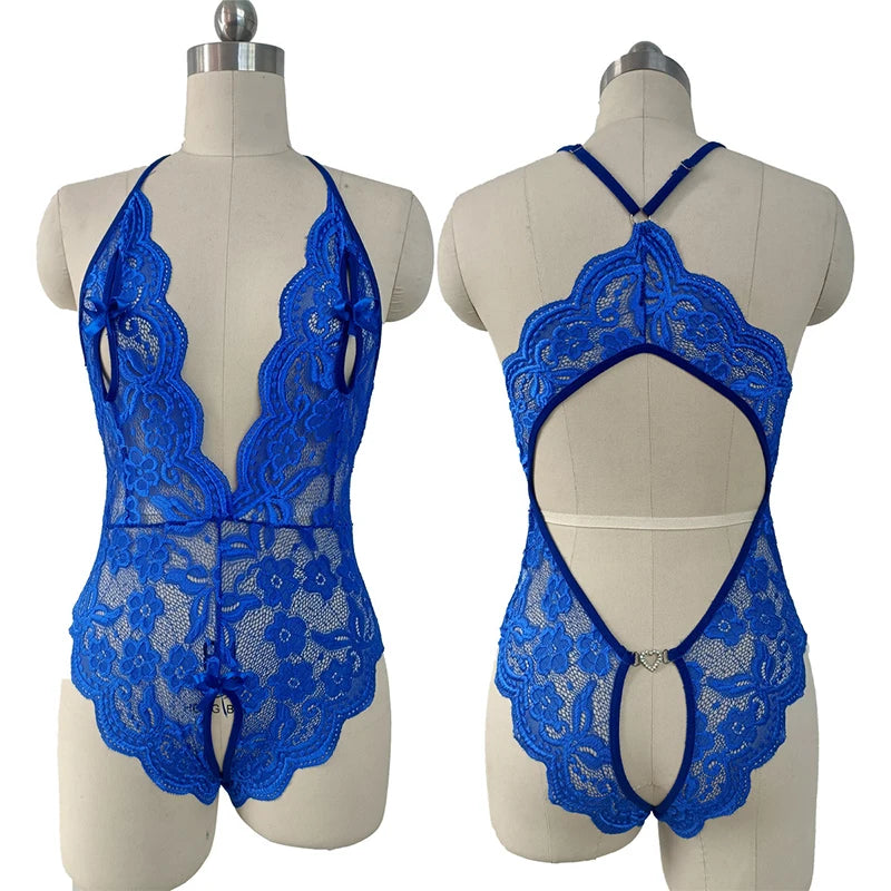 Erotic Crotchless Lingerie Women Blue Lace Transparent Bra Set Sexy Costumes Deep V Open Bra Bodysuit Female Teddy Underwear Set