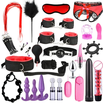 BDSM Kits Adults Sex Toys for Women Men Handcuffs Nipple Clamps Whip Spanking Sex Metal Anal Plug Vibrator Butt Bdsm Bondage Set