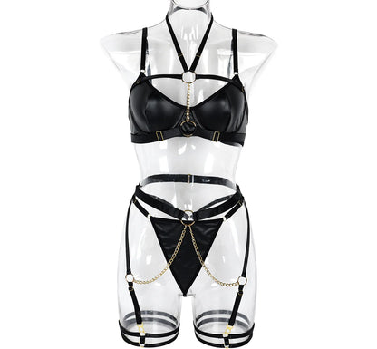 Women Latex Lingerie Erotic Leather Underwear Halter Bra And Panty Set Sexy Outfit With Chain Lady Gothic Erotic Sets