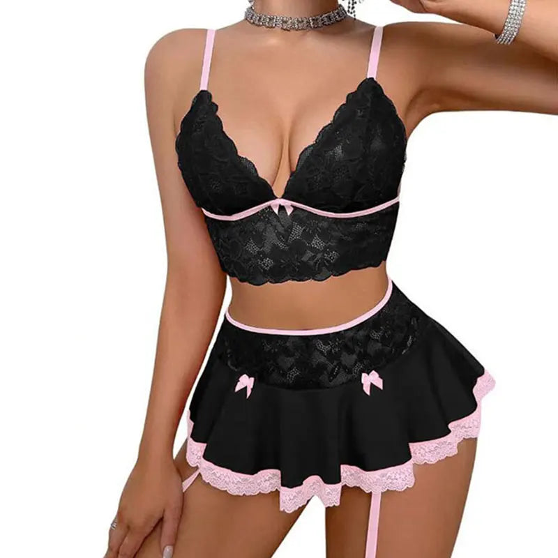 Cosplay Sexy Seamless Underwear Fancy Women Erotic Outfit Open Bra Fantasy Mini Skirt Garter Set