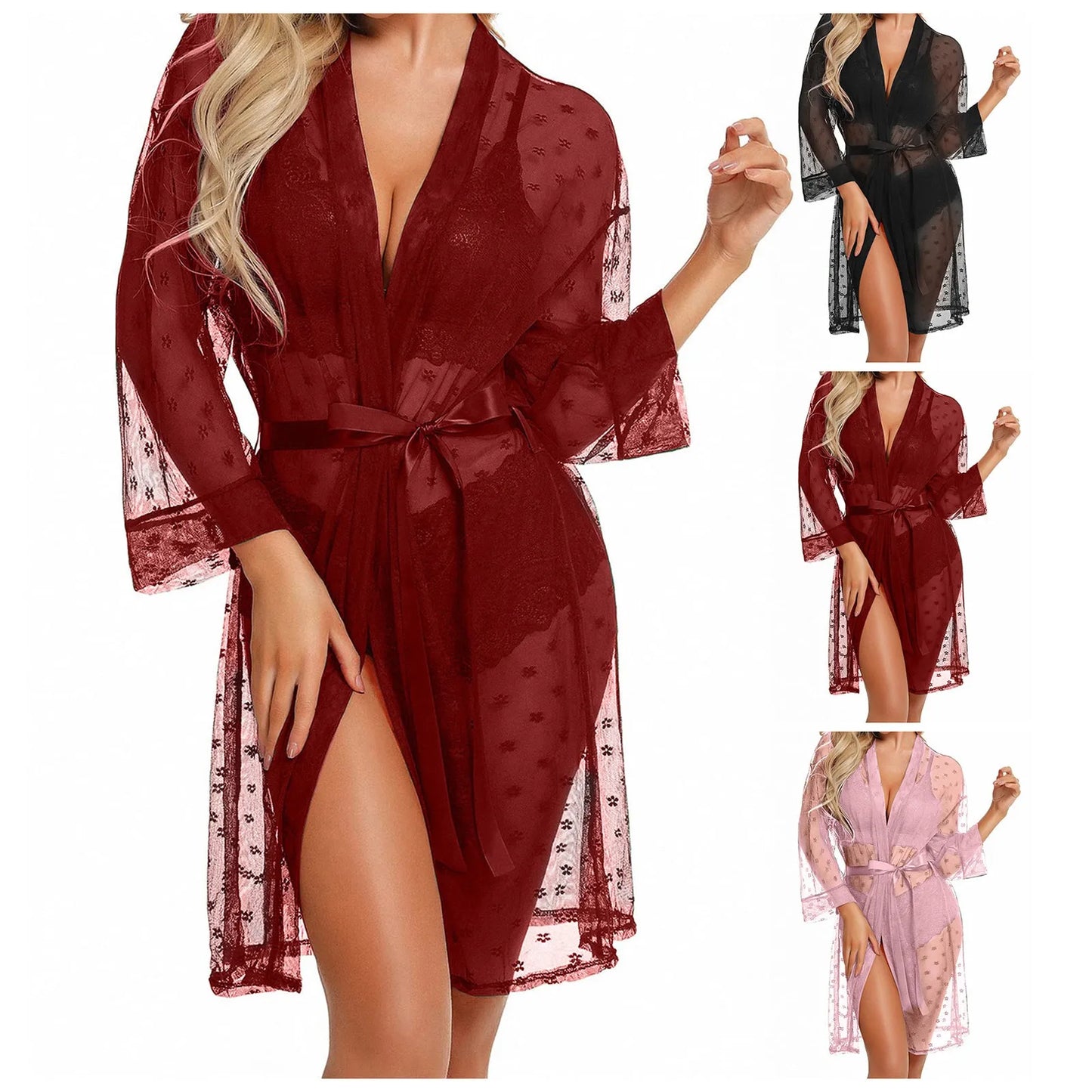 Women's Robe Dress With Bra Panty 3 Piece Set Sexy Lingerie Lace Sheer See-Through Pajama Set Erotic Porn Babydoll Nightdress