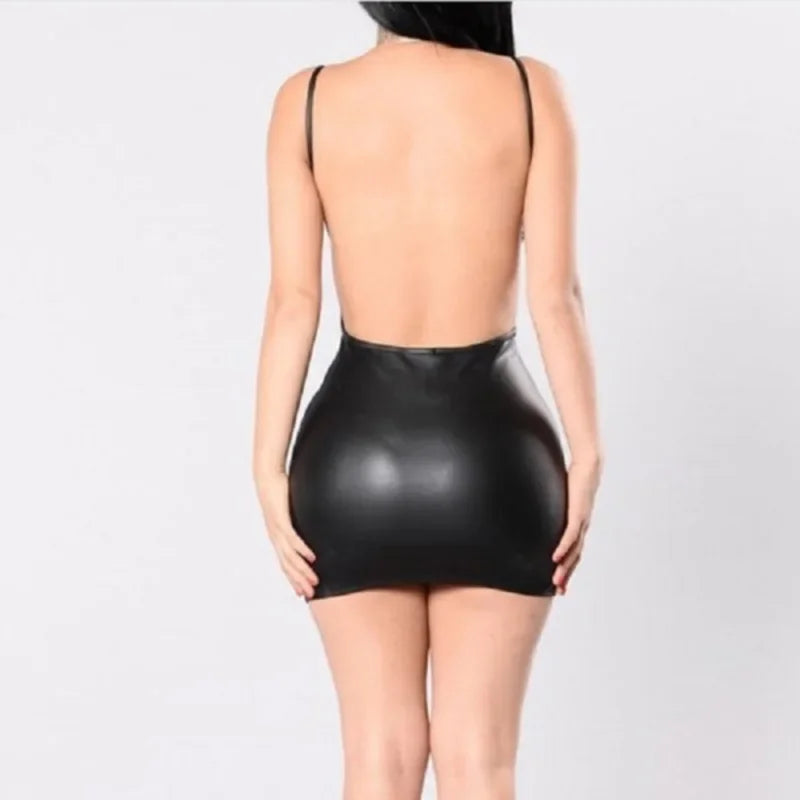 Sexy Faux Leather Dress Backless Club Party Short Dress Solid Black Wet Look Latex Bodycon Push Up Bra Mini Micro Dress