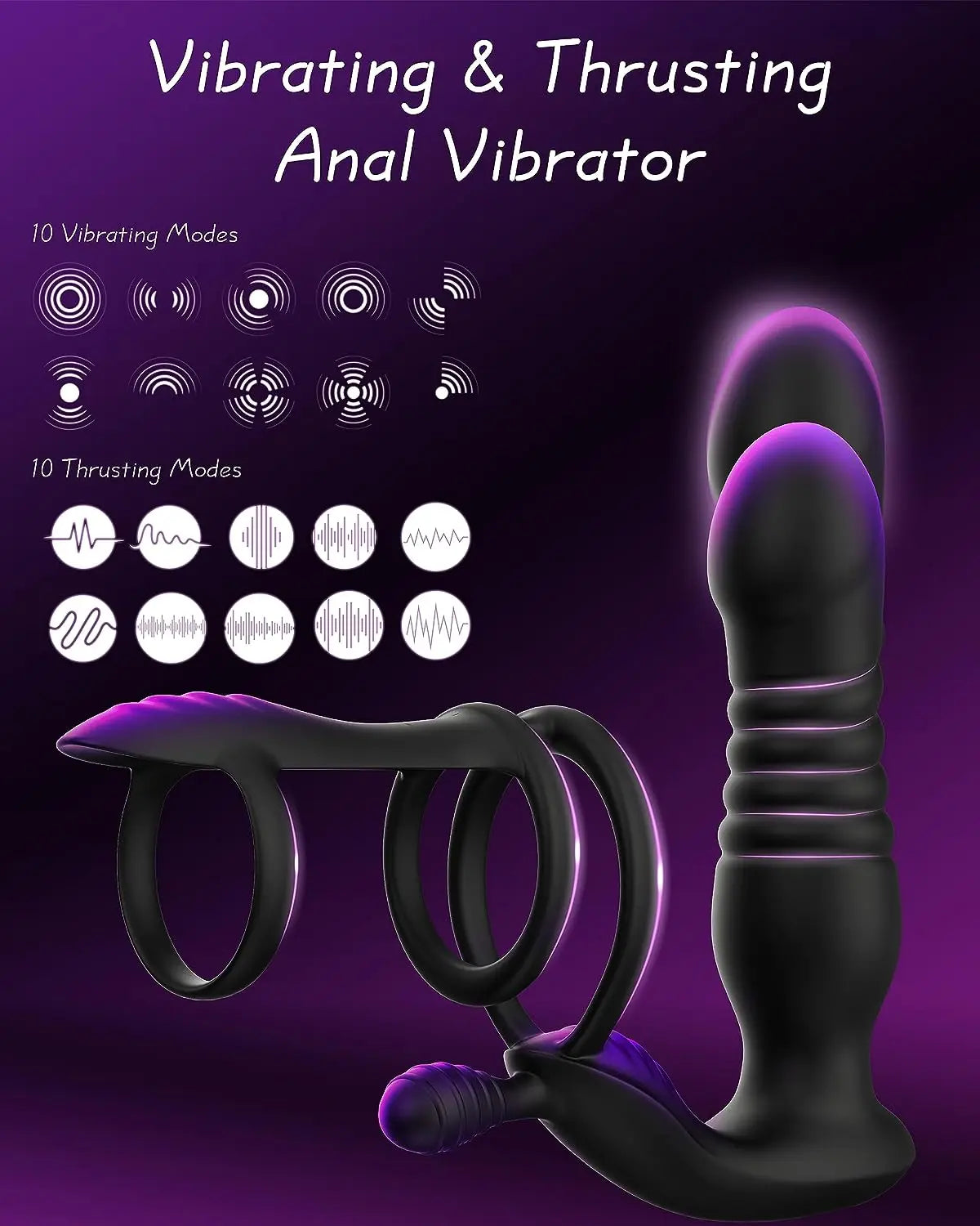 Anal Prostate Massager 3 Ring Vibrating Cock Ring,Anal Plug Male Sex Toy With 10 Thrusting & 10 Vibrating  Sex Toys For Men