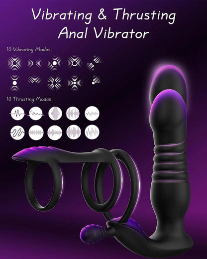 Anal Prostate Massager 3 Ring Vibrating Cock Ring,Anal Plug Male Sex Toy With 10 Thrusting & 10 Vibrating  Sex Toys For Men