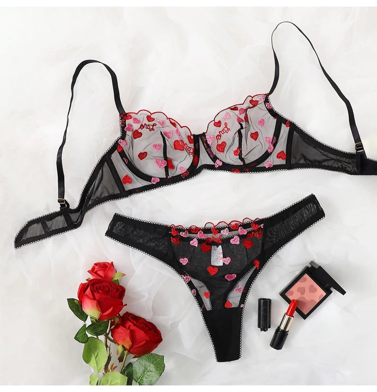 TERMEZY Sexy Lace Bra Set French Embroidery Mesh Underwear Set Love Pattern Push Up Panty Set S-XXL 2-Piece Beautiful Briefs Set