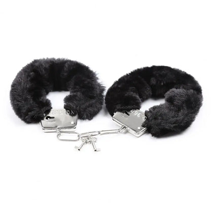 1 Pair Double Lock Manacle Faux Fur Bracelet Stainless Wrist Ankle O Ring Hand Cuffs Adult Couple Sex Toy Cops Criminal Cosplay