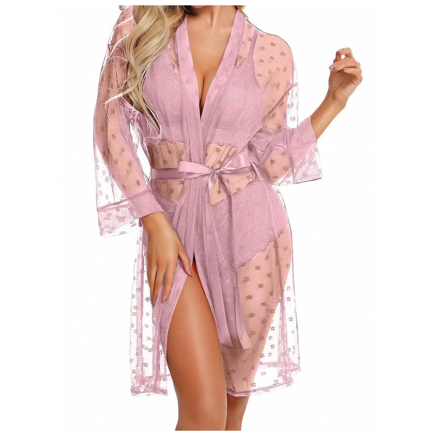 Women's Robe Dress With Bra Panty 3 Piece Set Sexy Lingerie Lace Sheer See-Through Pajama Set Erotic Porn Babydoll Nightdress