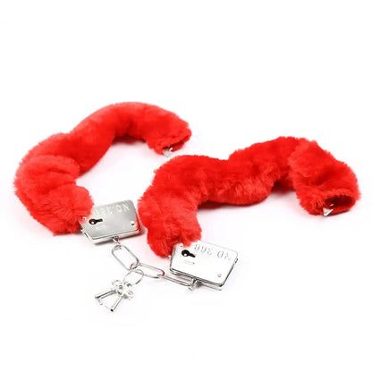 1 Pair Double Lock Manacle Faux Fur Bracelet Stainless Wrist Ankle O Ring Hand Cuffs Adult Couple Sex Toy Cops Criminal Cosplay