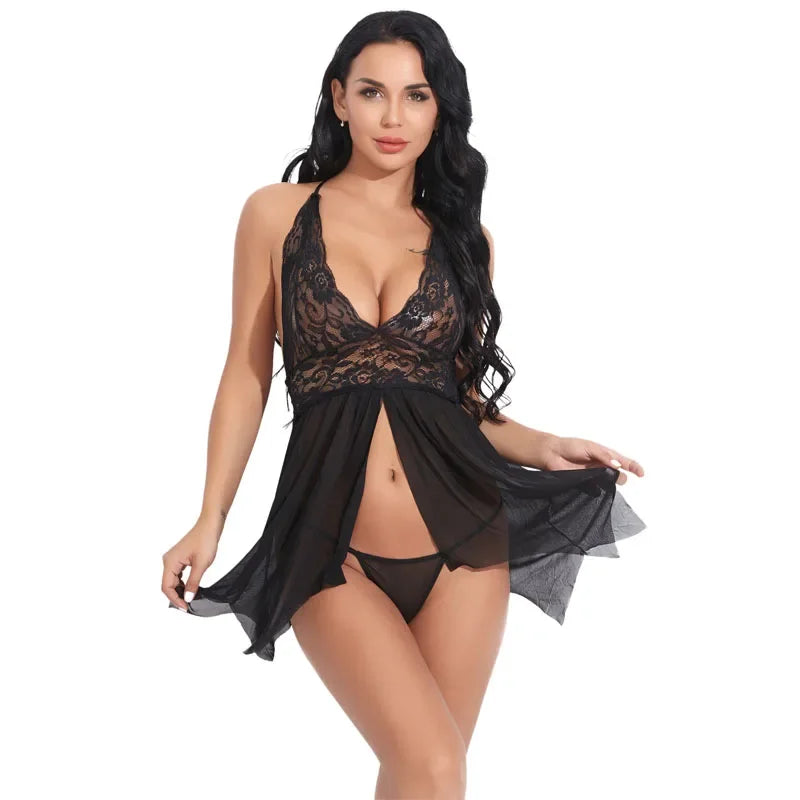 Fashion Top Ladies Sexy Lace Mesh Nightdress Set European And American Erotic Lingerie Set