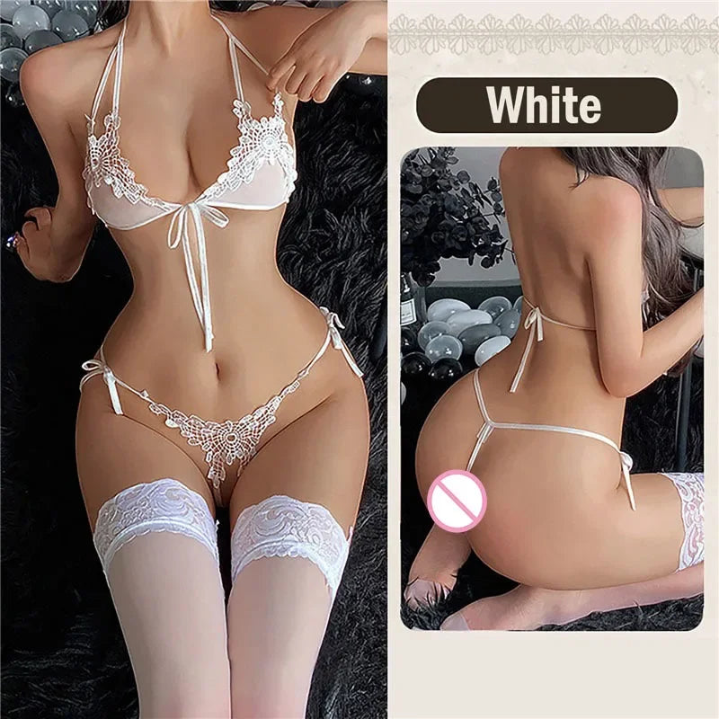 Crotchless Bra Set New Sexy Lingerie  Woman 2 Pieces Transparent Women's Lace Panties Erotic Beautiful Bra And Thong Set