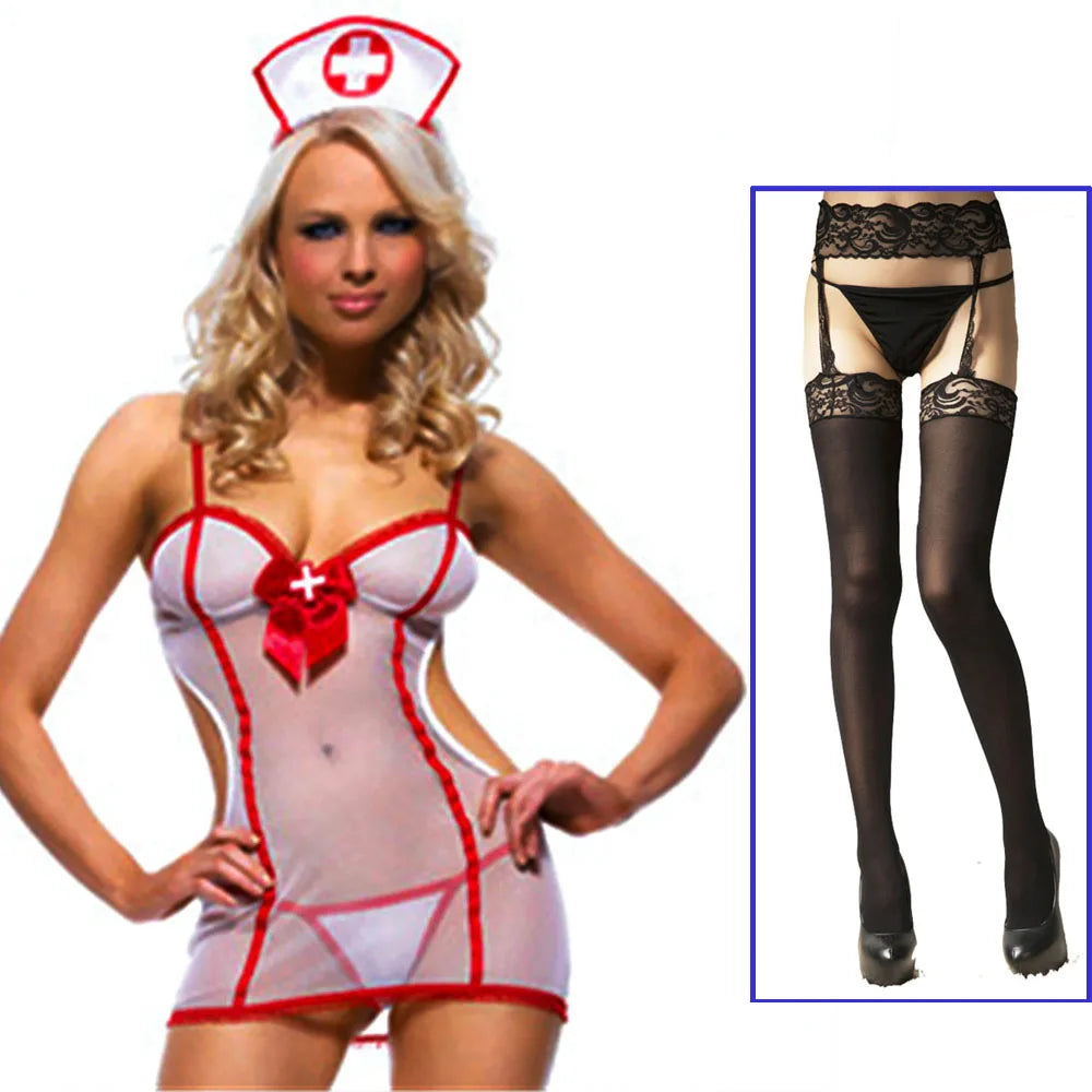 Sexy Cosplay Nurse Dress Suit set Lingerie Maid Apparel high Knee Stockings Women Underwear Intimates Exotic toys for Love games