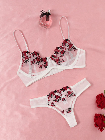 Sexy Lace Lingerie Push Up Lingerie Semi-Sheer Bra And Panty Sets Women Gathering Chest Underwear Flower Embroidery Bralette Set