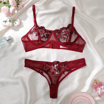 Sexy Lace Lingerie Push Up Lingerie Semi-Sheer Bra And Panty Sets Women Gathering Chest Underwear Flower Embroidery Bralette Set