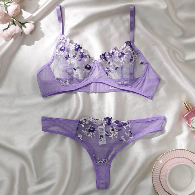 Sexy Lace Lingerie Push Up Lingerie Semi-Sheer Bra And Panty Sets Women Gathering Chest Underwear Flower Embroidery Bralette Set