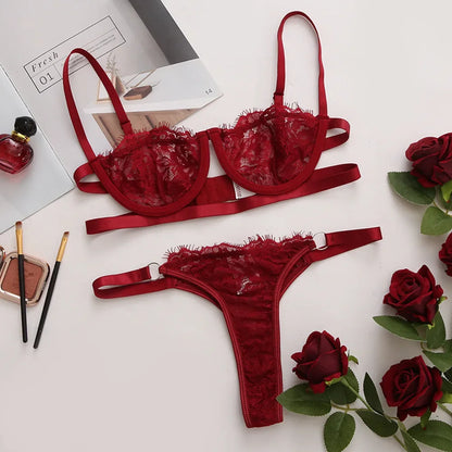 Sexy Lingerie Woman Lace Transparent Underwear Fairy Embroidery Brief Sets Delicate Bra Kit Push Up Breves Sets Thin Erotic Bras