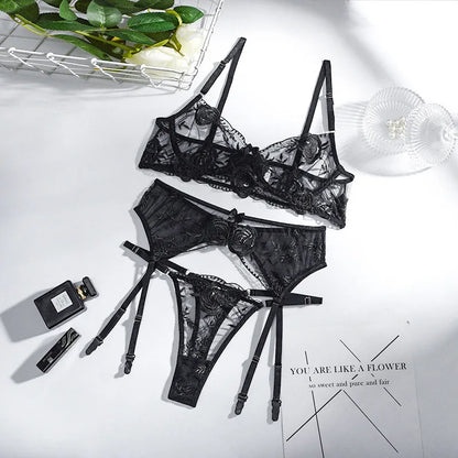 Sexy Lingerie Women Transparent Hollow Bra Sensual Lace 3-Piece Naked Tulle Underwear Embroidery Brief Sets Thin Erotic Bra Set