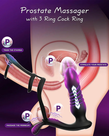 Anal Prostate Massager 3 Ring Vibrating Cock Ring,Anal Plug Male Sex Toy With 10 Thrusting & 10 Vibrating  Sex Toys For Men