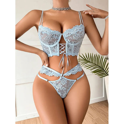 Porno Lace Sexy Lingerie Set Erotic Hot Underwear Women Bra and Panty Thong Transparent Lace Black Open Intimates Lenceria Set