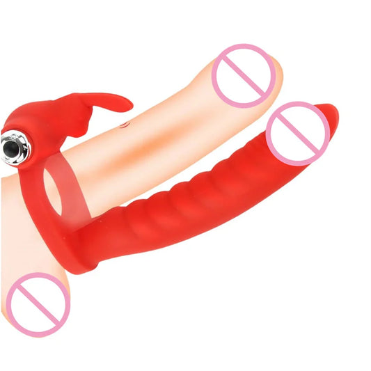 Silikon-Kaninchenvibrator, G-Punkt-Vibrator, Dual-Penetration, vibrierender Penisring, Strapon-Dildo, Butt Plug, Sexspielzeug für Frauen und Männer