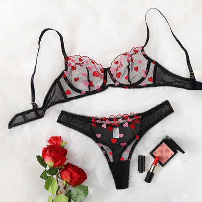 TERMEZY Sexy Lace Bra Set French Embroidery Mesh Underwear Set Love Pattern Push Up Panty Set S-XXL 2-Piece Beautiful Briefs Set