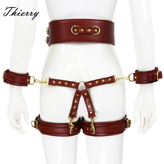 Thierry SM Bondage Set Include Waistband, Wrist & Thigh Cuffs, Cross Buckle, Adult Games Restraints Handcuffs Leg Cuff Sex Toys