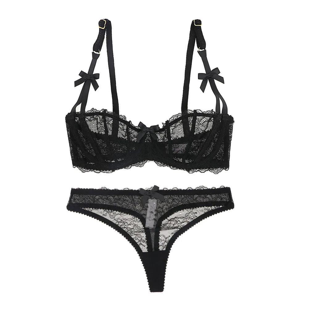 Women lingerie sexy Bra and thong set floral lace low-rise thongs breathable underwear S M L XL black and pink and white panties