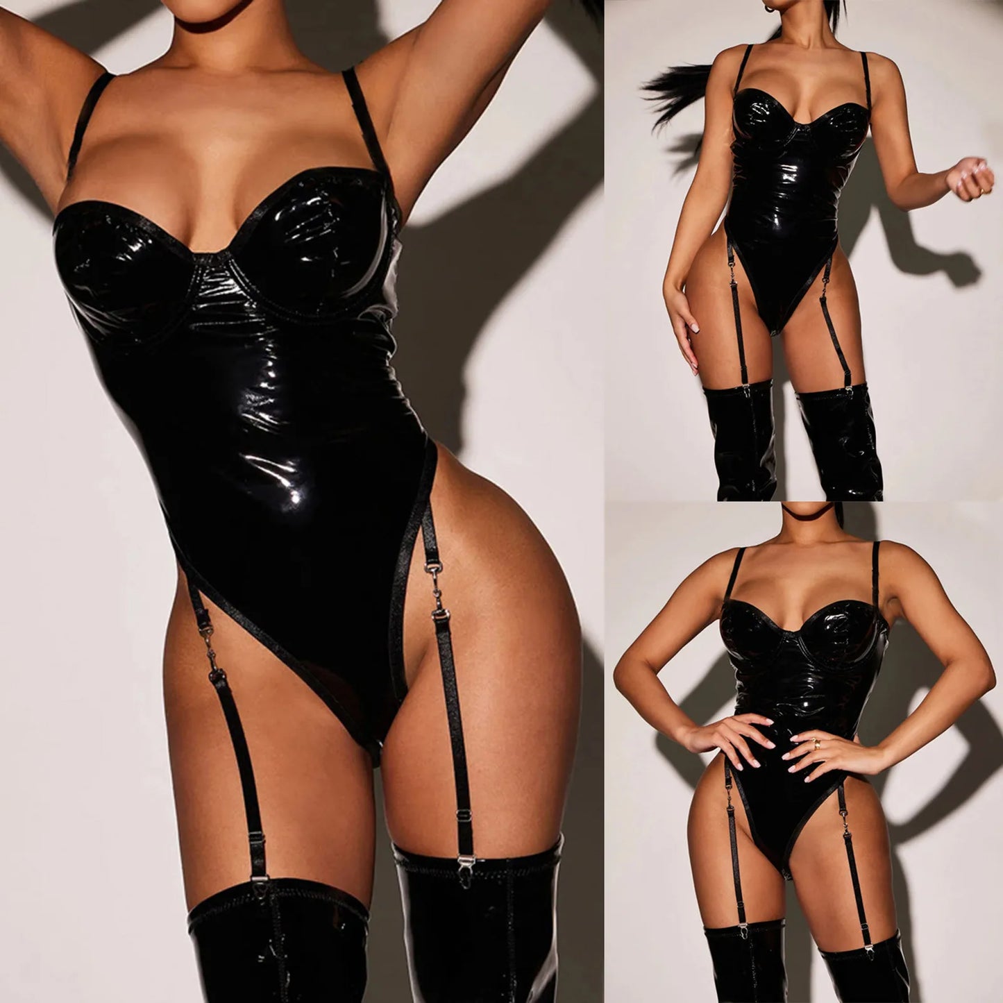 Women's Porno Latex Leather Bodysuit Sexy Low Cut Thin Strap Harness Garter Belt Lingerie Set Bodycon Erotic Intimate Underwear