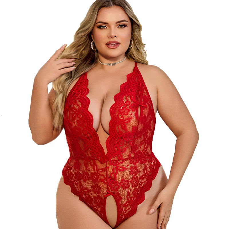 XL-4XL Plus Size Women Clothing Black Hollow Out Bodysuit Sexy Woman Body One Piece Lace Lingerie Erotic Crotchless Fetish Dress