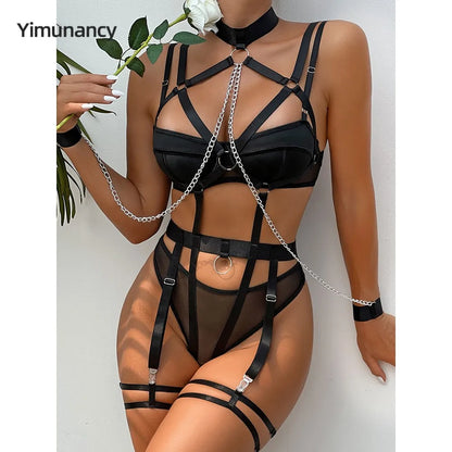 Yimunancy Bandage Chain Flirting Sexy Dessous Set 4-teilig Cut Out Erotik Set Damen Panty Strumpfband Kit 